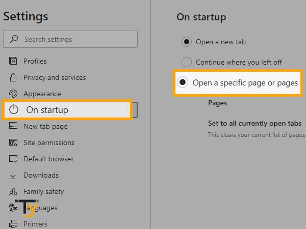  click on On startup and then select Open a specific page or pages in microsoft edge
