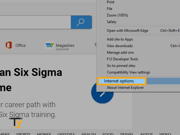 click on the ‘Settings’ icon and then click on the option ‘Internet Options’ in internet explorer