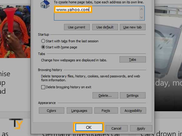 enter the address that you want to set as homepage in internet explorer