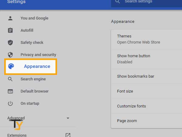 Click on the ‘Appearance’ in Chrome