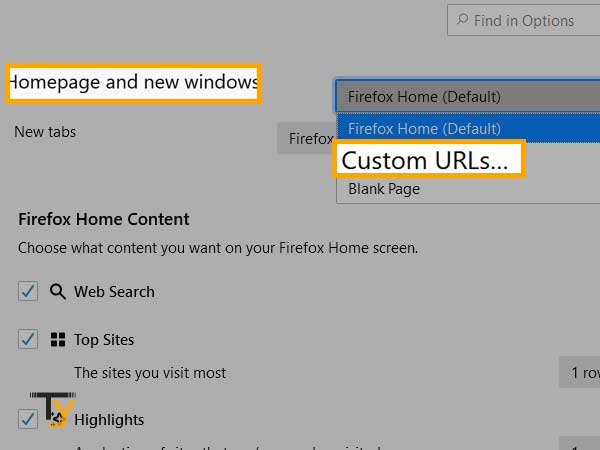 Click on the Homepage and new windows and select ‘Custom URLs in mozilla firefox