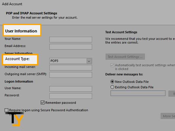 Enter “Name and Email Address” in User Information section and select “POP” or “IMAP” as Account-type option in Server Information section