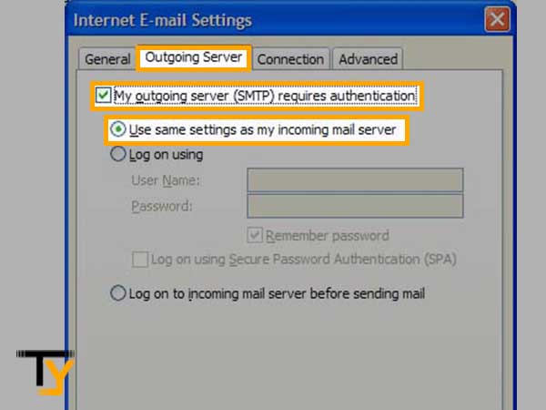 Click on the “Outgoing Server” tab and select both “My outgoing server (SMTP) requires authentication” and “Use the same settings as my incoming mail server” checkboxes