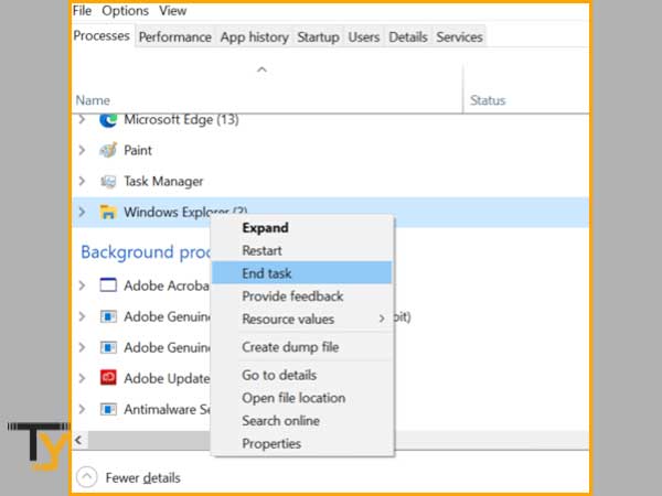 Right-click on Windows Explorer to select “End Task” option from the contextual menu
