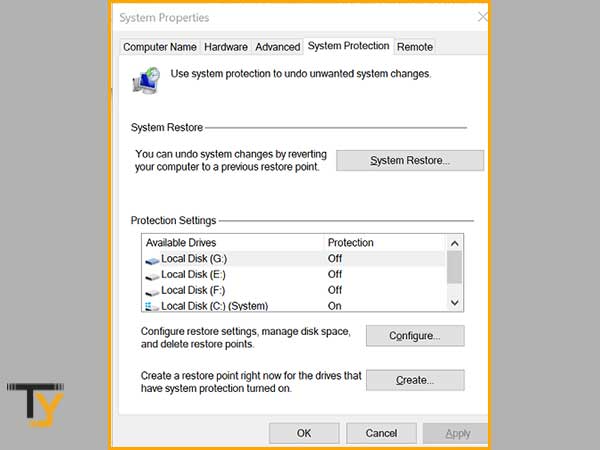 On the “System Protection” tab, select the “System Restore” button and hit “Enter”