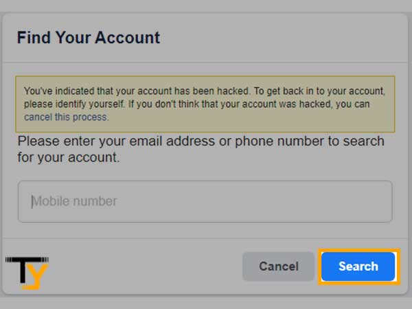 Enter ‘Email Address or Phone Number’ linked to your Facebook account and click on ‘Search’