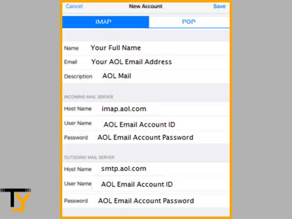 Enter “AOL Incoming and Outgoing Server settings” and tap on “Save"