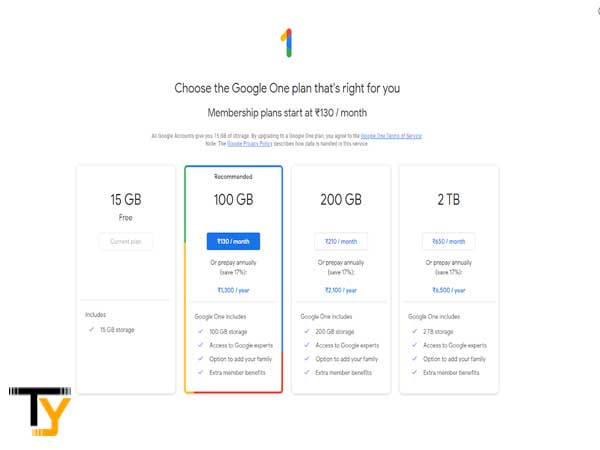 Choose any plan on the ‘Google One Plan’ page