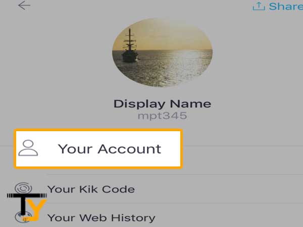 On the Kik app, clickon the ‘Settings’ icon and select ‘Your Account’ option.