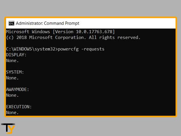 Open Command Prompt app as administrator to run “powercfg -requests” command