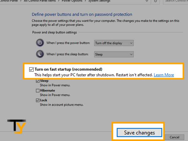 Unselect the “Turn on fast startup (Recommended)” checkbox and click on ‘Save Changes’ button