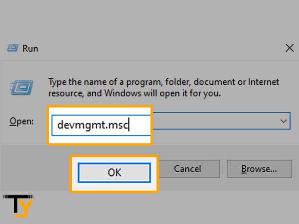 Open the Run Dialog Box, type in “devmgmt.msc” and hit the ‘OK’ button