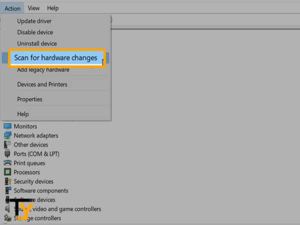 Inside the Device Manager’s Header Menu, click on the ‘Action’ tab and select ‘Scan for Hardware Changes’ option
