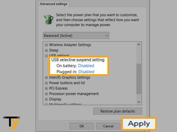 Expand the ‘USB Selective Suspend Settings’ and disable both ‘On Battery and Plugged in’ options