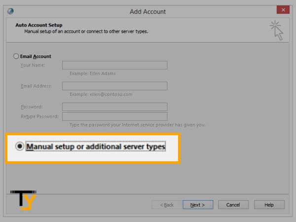 Select the ‘Manual setup or additional server types’ option and click on the ‘Next’ button
