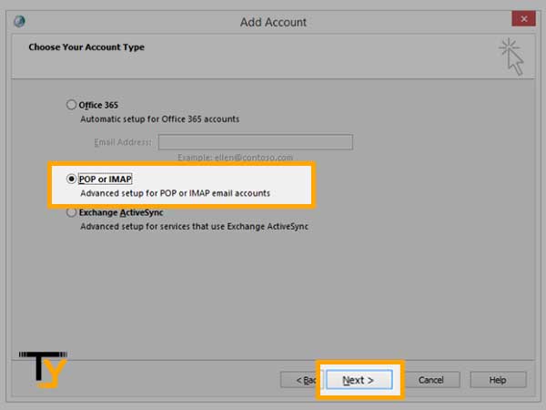 Select the ‘POP or IMAP- Connect to a POP or IMAP Email Account’ and hit the ‘Next’ button
