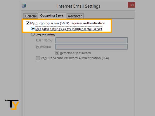 Switch to the Outgoing Sever tab to check the ‘My outgoing server (SMTP) required authentication’ and select the ‘Use the same settings as my incoming mail server’ option