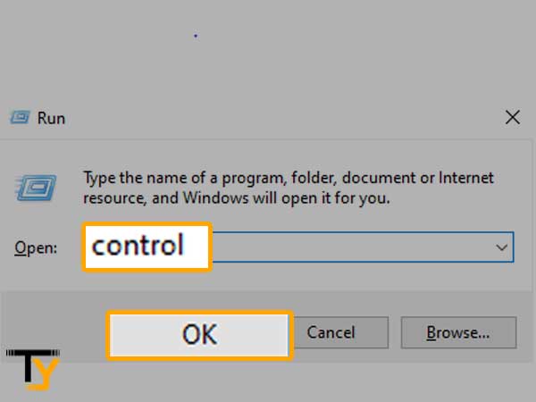 In the Windows Run Utility box, type in ‘Control’ and hit the ‘OK’ button