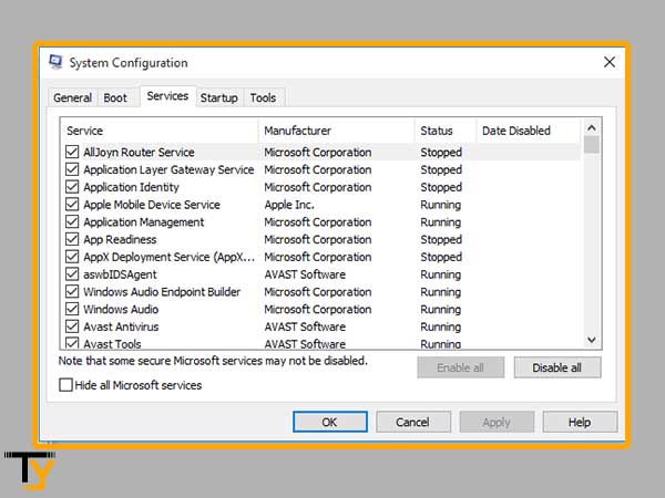 Inside System Configuration window, click on the ‘Services’ tab