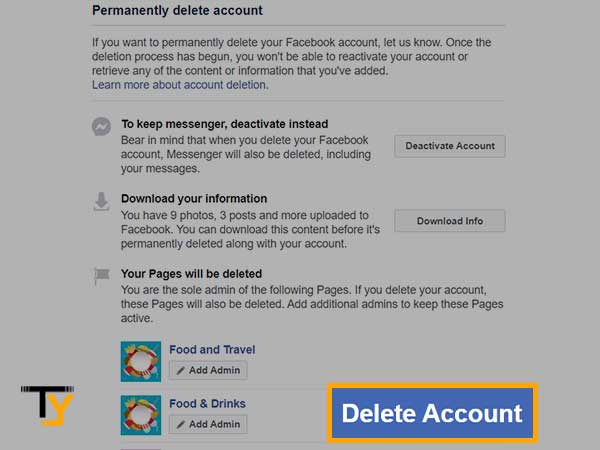 Click on the ‘Delete Account’ button