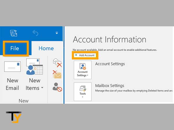 In Outlook, open the ‘File’ tab and click on the ‘Add Account’ option
