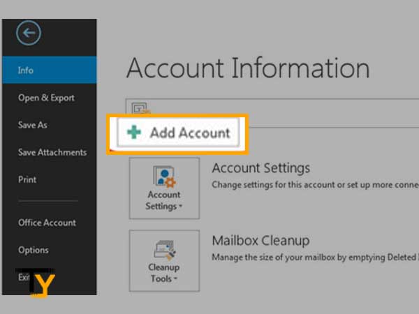 Select the Add Account option on Outlook