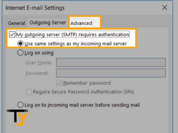 Select the Outgoing Sever tab to check the ‘My outgoing server (SMTP) required authentication’ and select the ‘Use the same settings as my incoming mail server’ option