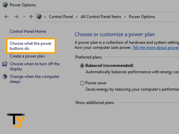 In Power Options window, click on the ‘Choose what the power buttons do” link