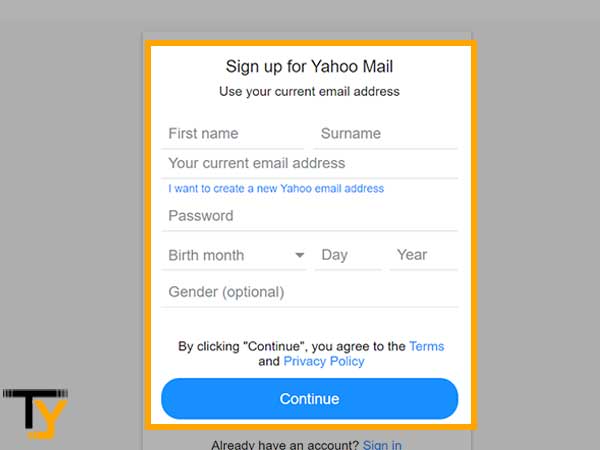 Complete the Yahoo Email Sign up Form