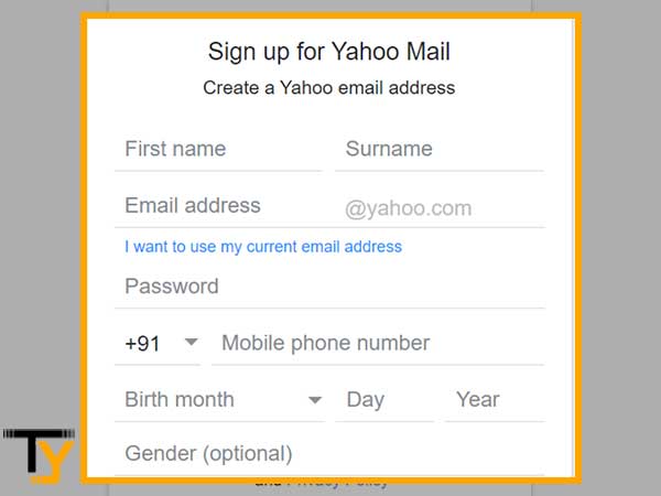 Complete the Yahoo Email Sign up Form