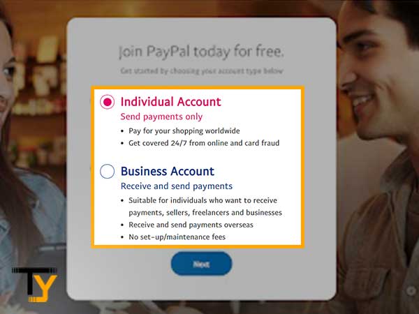 Select the ‘Account Type’ i.e., either ‘Personal or Business'