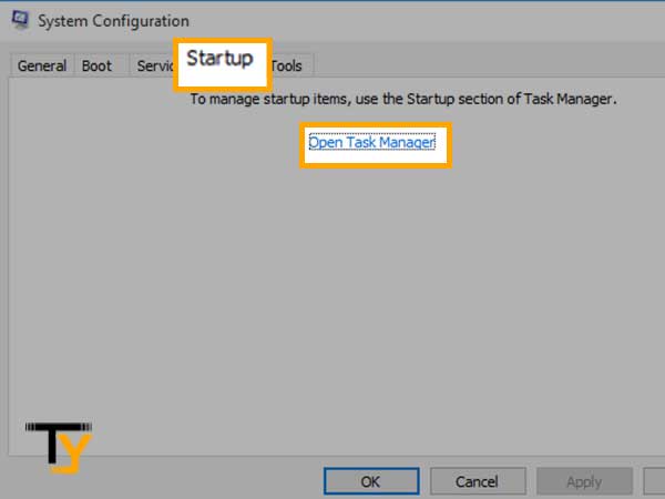 Navigate to the ‘Startup’ tab of System Configuration’ and click on the ‘Task Manager’ section