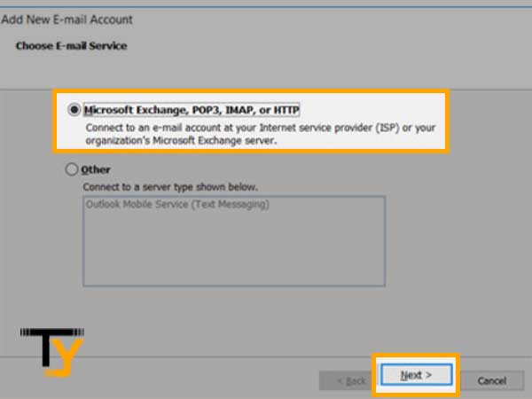 Select the ‘Microsoft Exchange, POP3, IMAP or HTTP’ option and click on the ‘Next’ button
