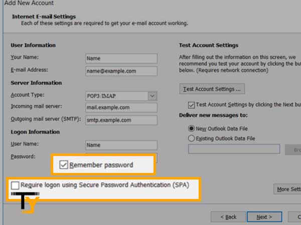 Check both of the ‘Remember Password’ and ‘Require Logon using secure Password Authentication’ options