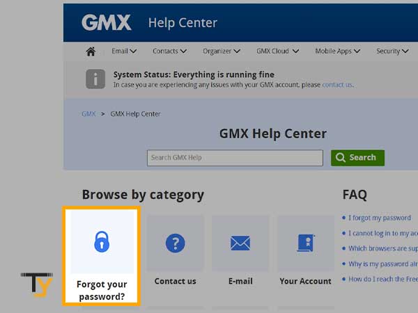 On the GMX Help Center page, click on the ‘Forgot your Password?’ option