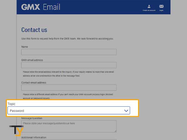 Click on the ‘Topic’ drop-down list to select the ‘Password’ topic for contacting GMX Email