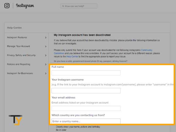 Form to request Instagram to recover disabled account