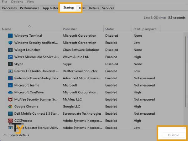 Select all items under the Startup list and click Disable
