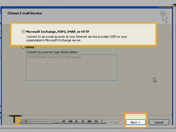 Select MS Exchange, POP3, IMAP or HTTP and click Next
