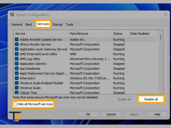 Inside Services tab, select Hide all Microsoft office services and then click Disable all.