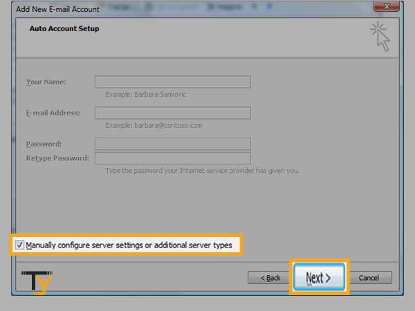 select ‘Manually configure server settings or additional server types’ and click ‘Next’