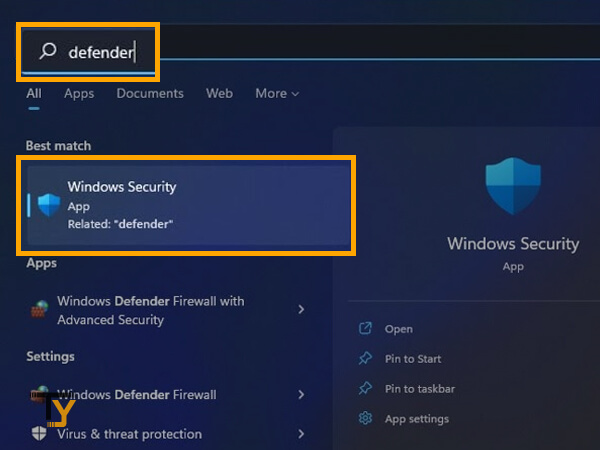 Type defender in search bar and select Windows Security from the list of options