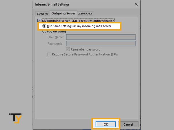 Select ‘Use same settings as my incoming mail server’, click ‘Ok’