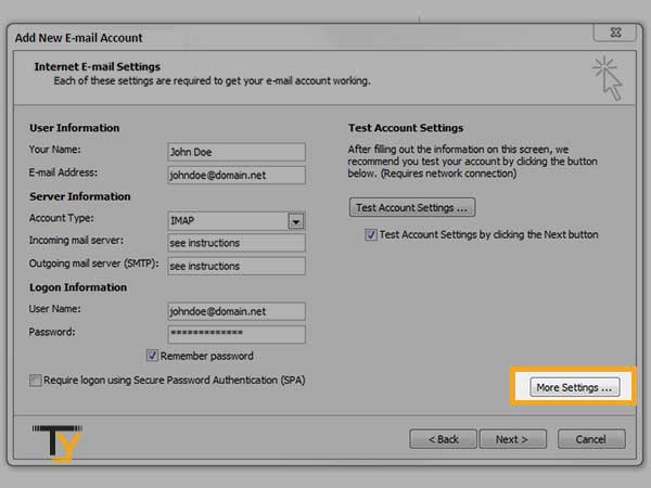 enter the account details, click on more settings