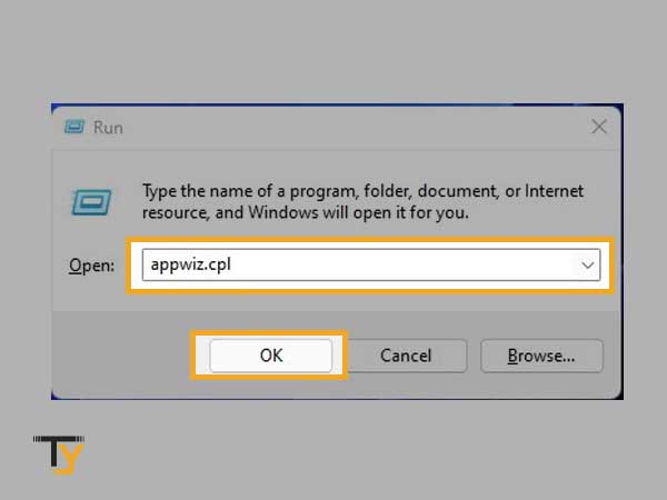 In the Run window, type appwiz.cpl and click OK.