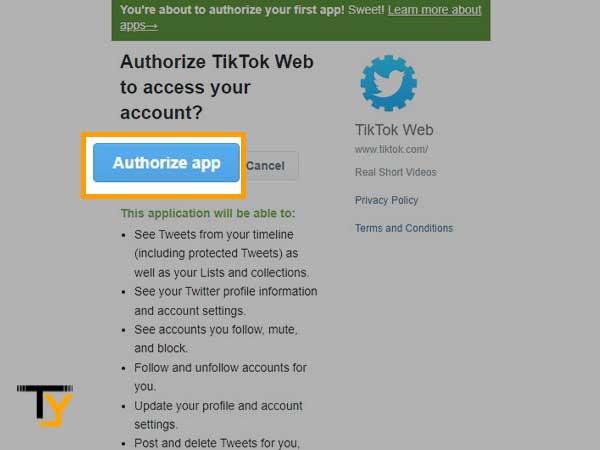 Tap on the Authorize app button to grant permission to access Twitter info.