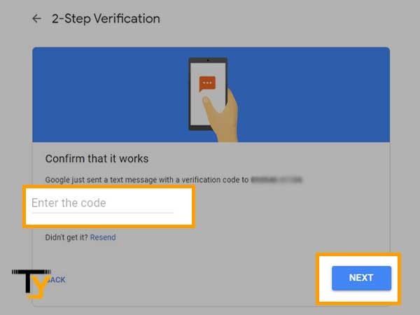 Enter the received verification code and click Next