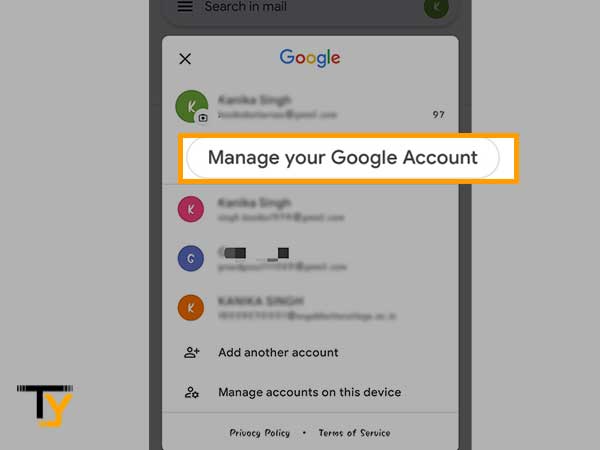 Tap on the profile icon on your Gmail dashboard and select Manage your Google Account.