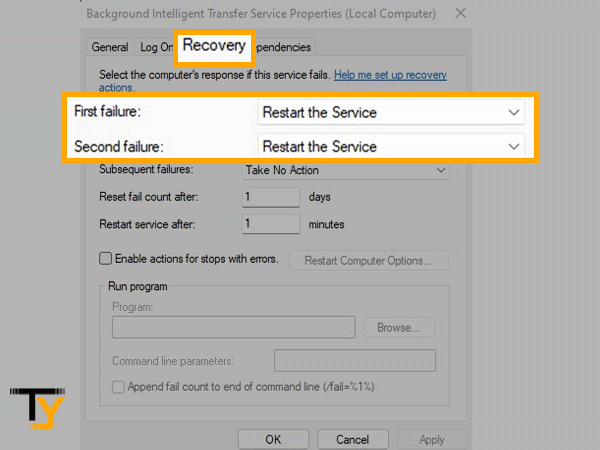 Switch to recovery tab, first & second failure should be Restart the Service