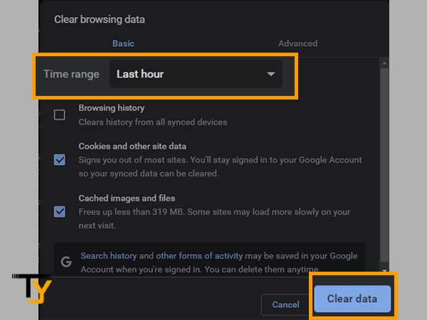Select time range and click Clear data